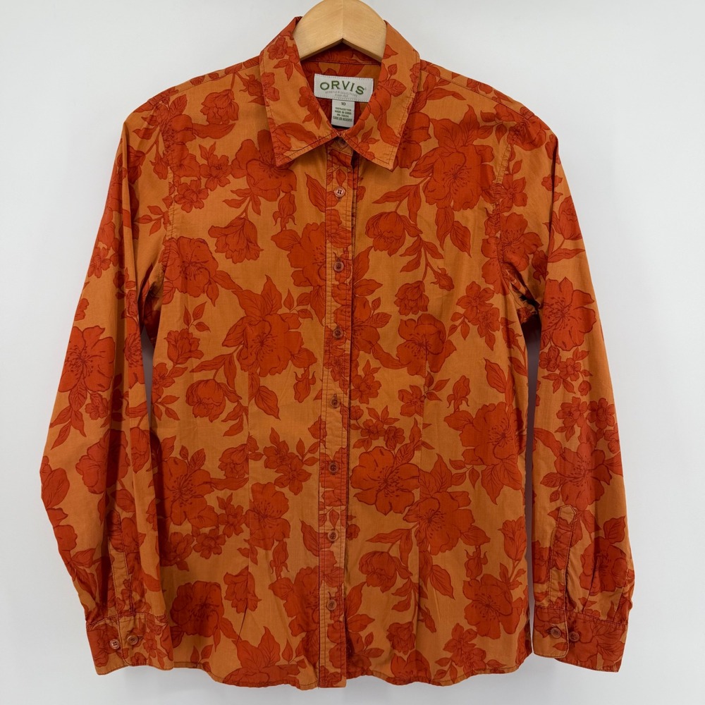 Orvis Button Down Shirt Womens 10 Orange Floral Long Sleeve Cotton Outdoor Top